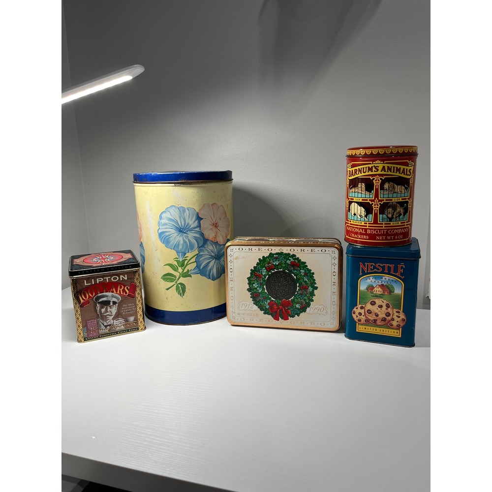 Lot of 5‎ Vintage Advertising Tins Wise Oreo Lipton Barnums Nestle Decorative